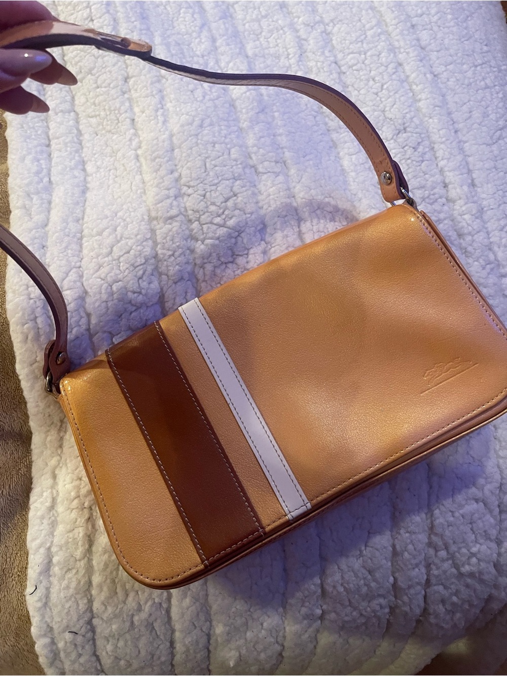 LONGCHAMP Striped Tan Leather Shoulder Bag with Brown & White Accents